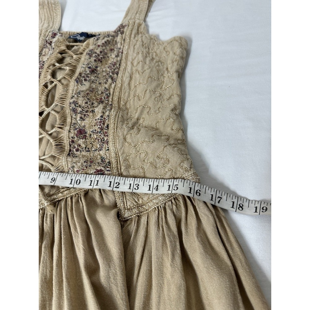 Vtg 90s Whimsigoth Lace Up Corset Maxi Dress Beige Embroidered Mixed Media Boho - Picture 7 of 8